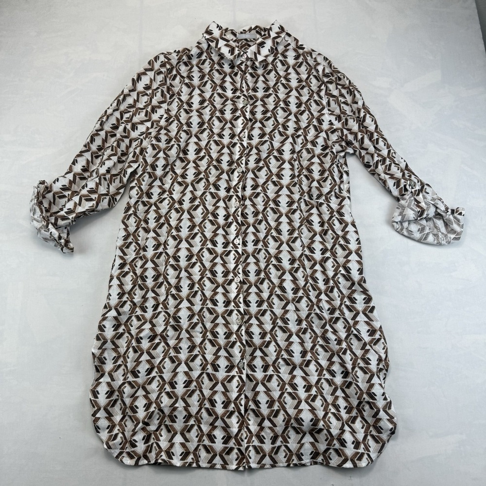 Chicos Linen Shirt Dress 2 US 12 Brown Geometric No Iron Button Tunic